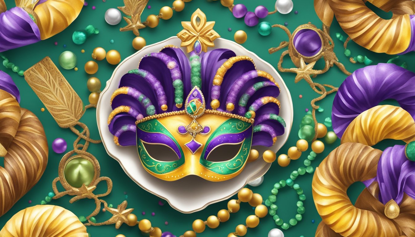 A festive table set with a Cinnamon Swirl King Cake as the centerpiece, surrounded by colorful beads and masks, evoking the spirit of Mardi Gras