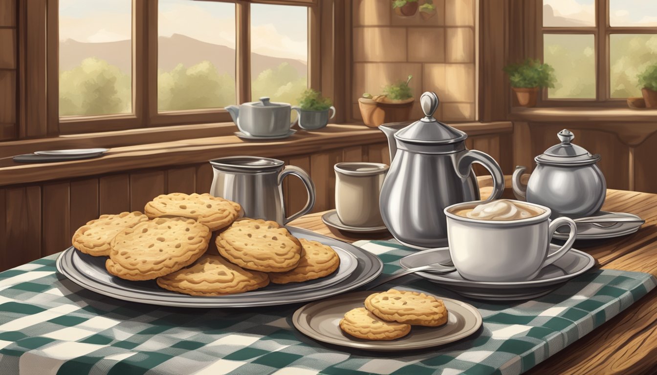 A steaming plate of biscuits and gravy sits on a rustic wooden table, surrounded by a cozy diner atmosphere with checkered tablecloths and vintage decor