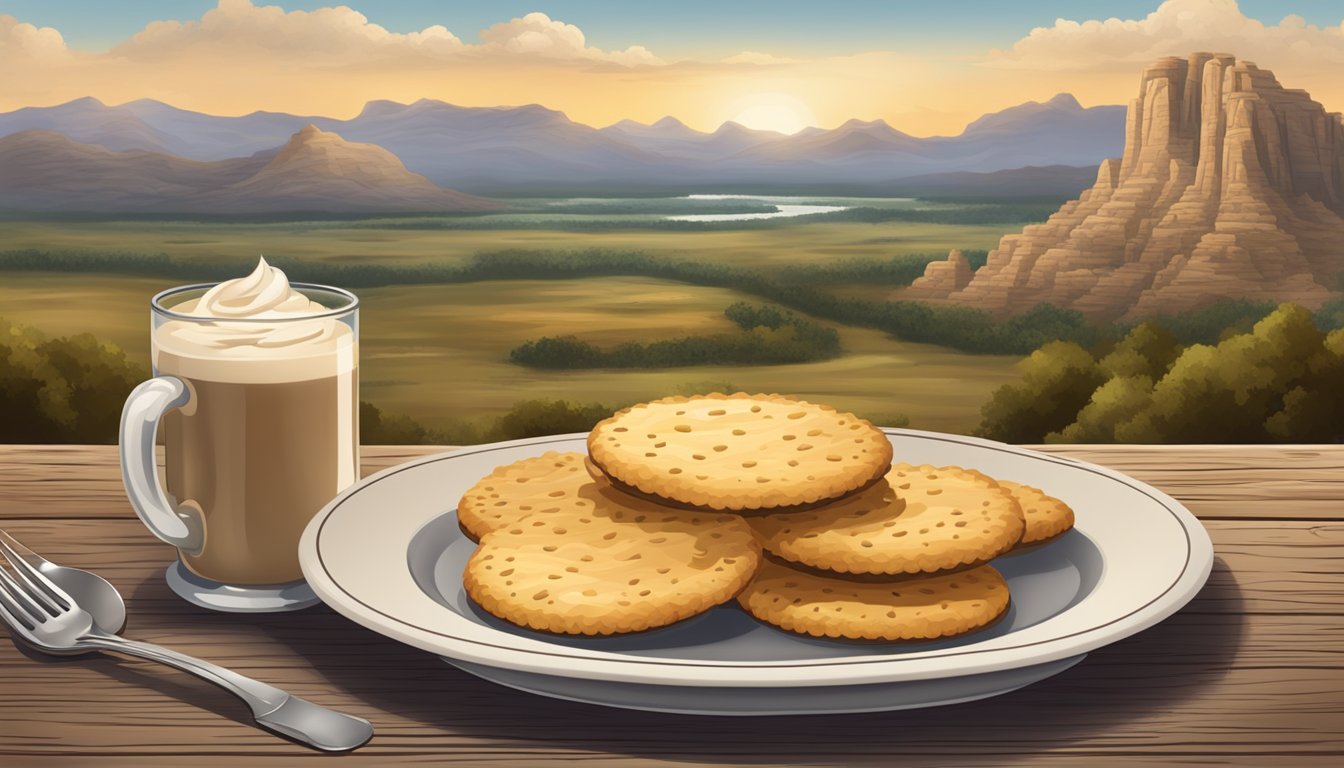 A rustic wooden table set with a plate of steaming biscuits smothered in creamy gravy, surrounded by the iconic Texan landscape