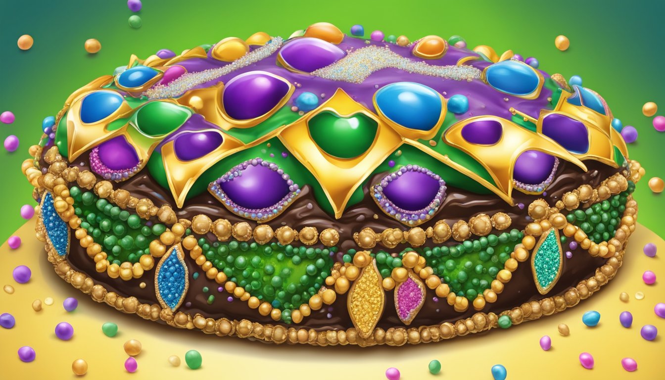 A colorful king cake adorned with beads and masks, with a rich chocolate filling oozing out from the center