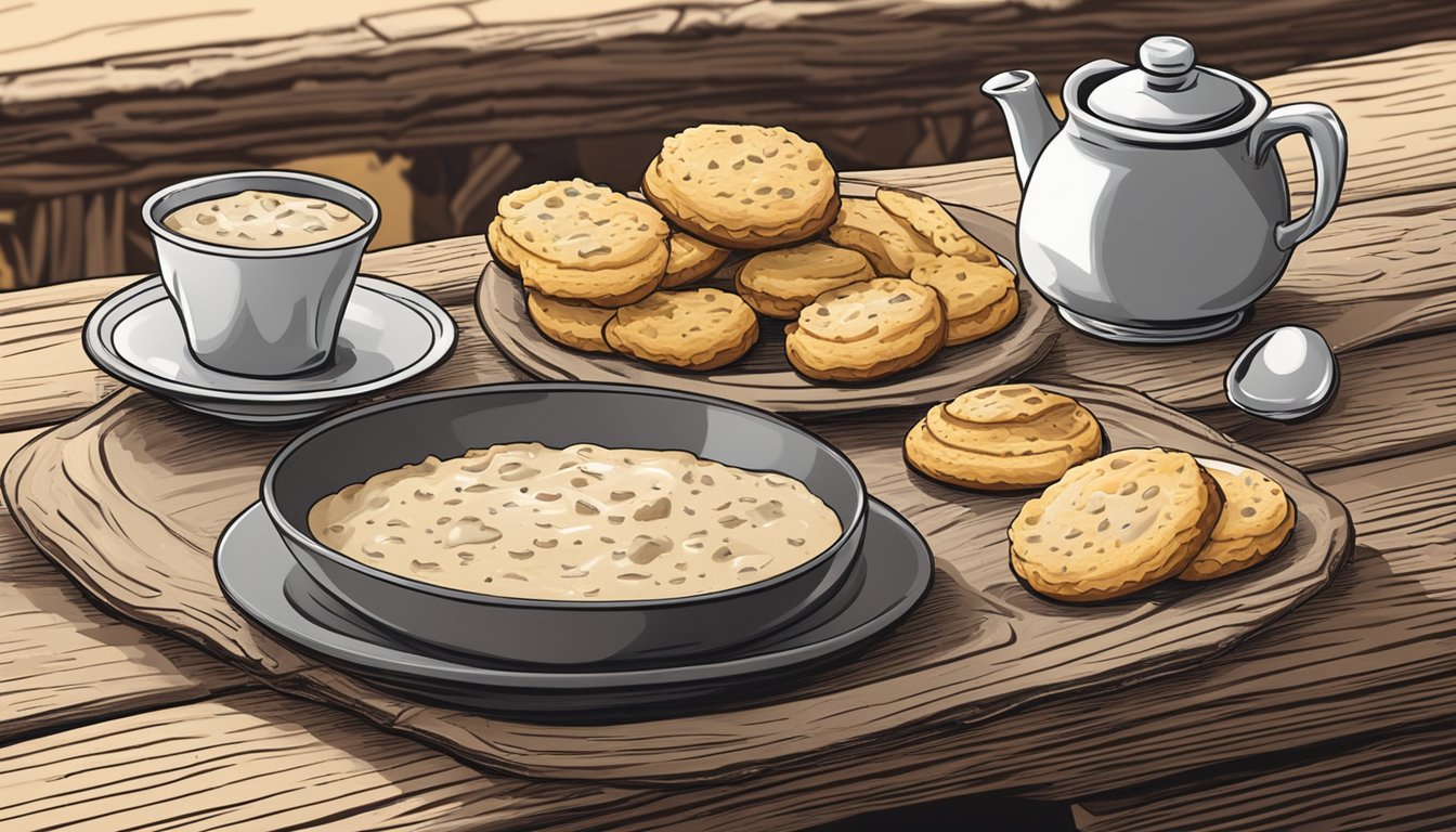 A plate of biscuits and gravy on a rustic Texan table with a cowboy hat nearby