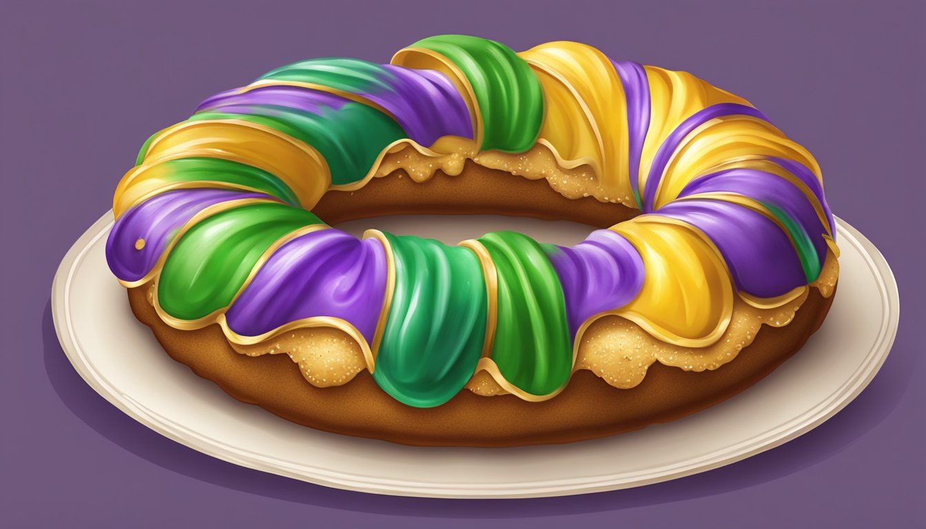 A colorful king cake adorned with almond cream and Mardi Gras decorations