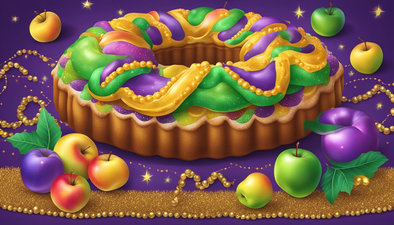 A festive king cake adorned with apples and cinnamon, surrounded by colorful Mardi Gras decorations and beads