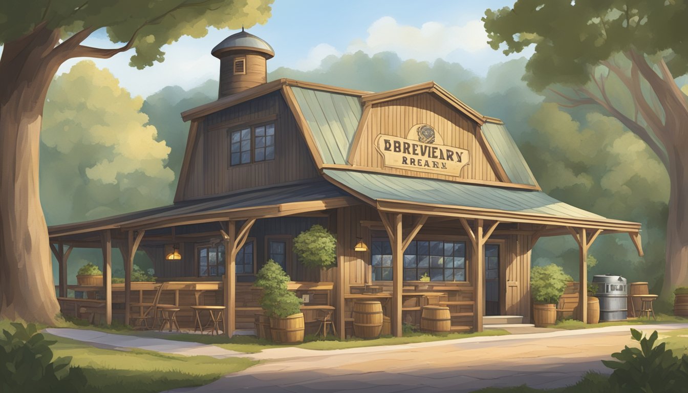 A rustic brewery nestled among sprawling oak trees, with a welcoming outdoor patio and a charming old-fashioned sign