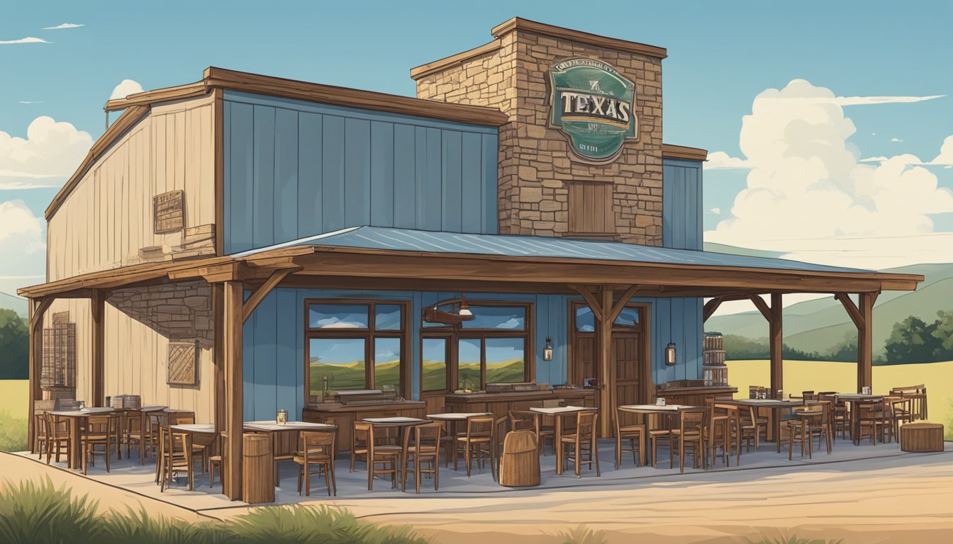 A rustic Texas brewery with outdoor seating surrounded by rolling hills and a clear blue sky