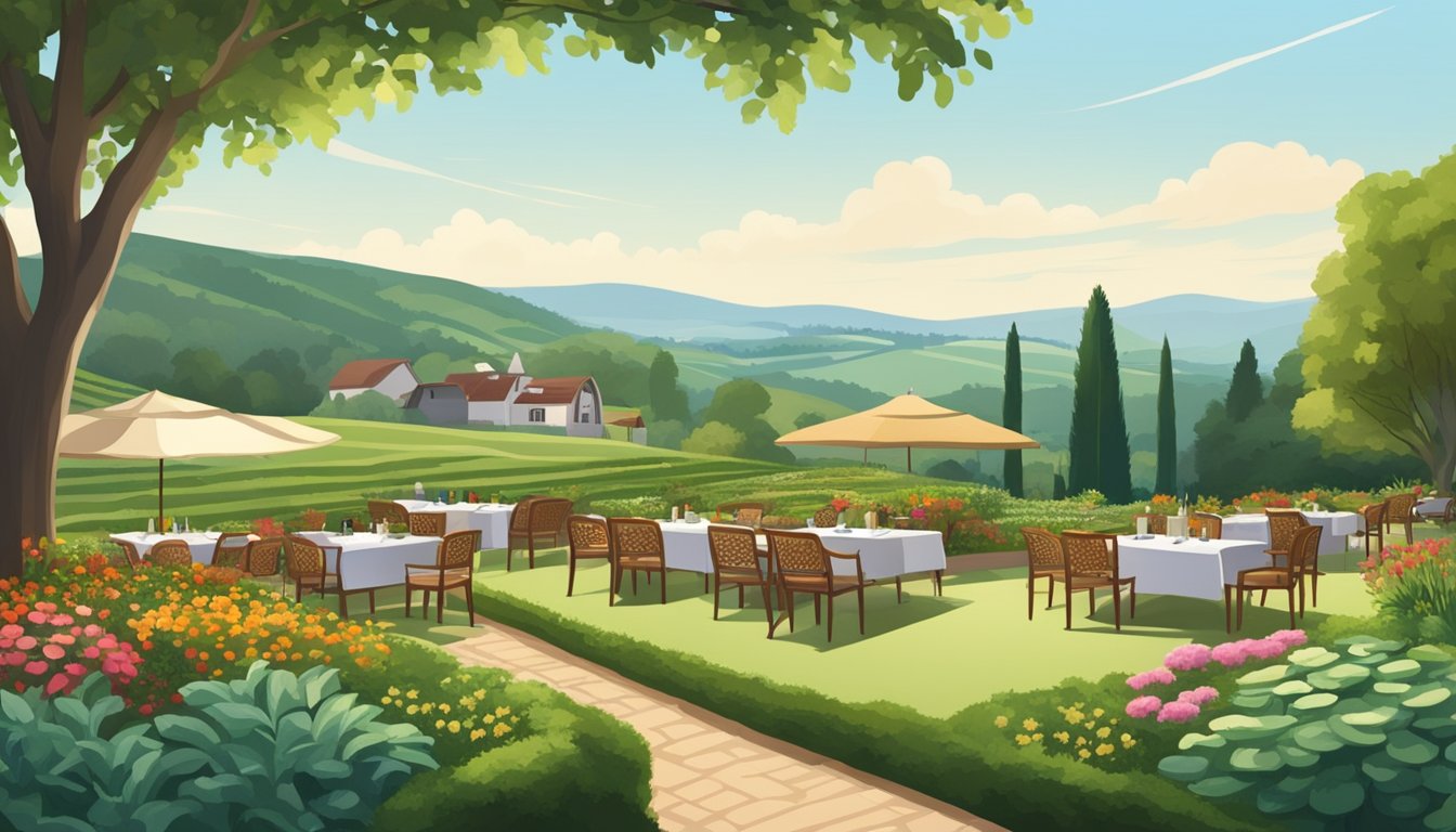 A lush garden with tables set for dining, surrounded by rolling hills and a farm where fresh produce is harvested for the restaurant