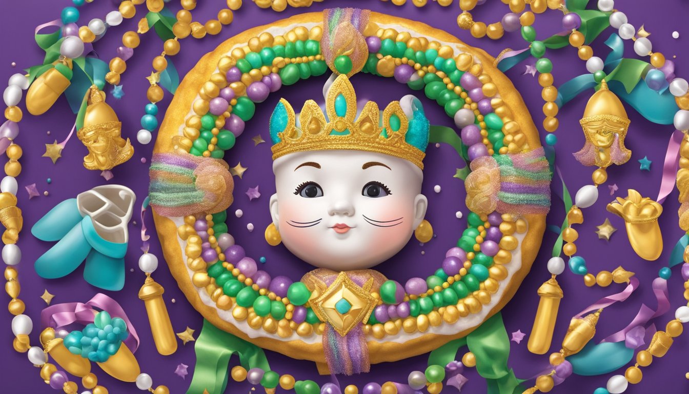 A colorful king cake surrounded by beads and masks, with a baby figurine hidden inside