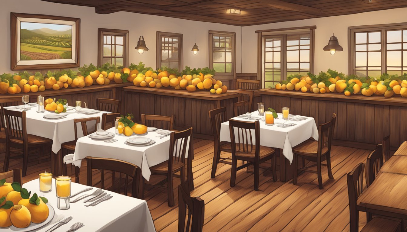 A cozy, candlelit farm-to-table restaurant with rustic wooden tables, soft lighting, and a display of fresh quince fruit as a centerpiece