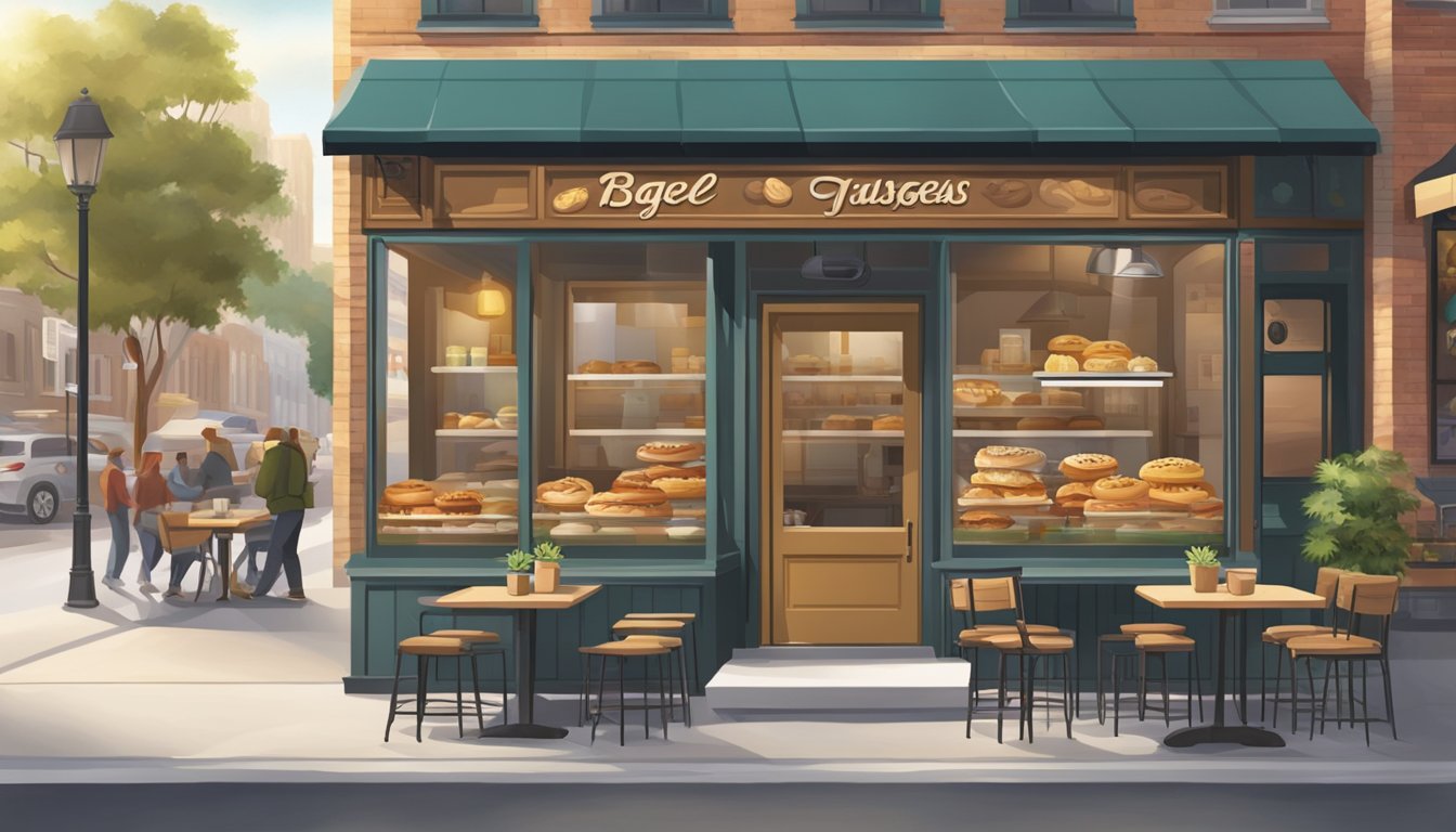 A bustling bagel shop with a rustic storefront and outdoor seating, surrounded by a lively cityscape