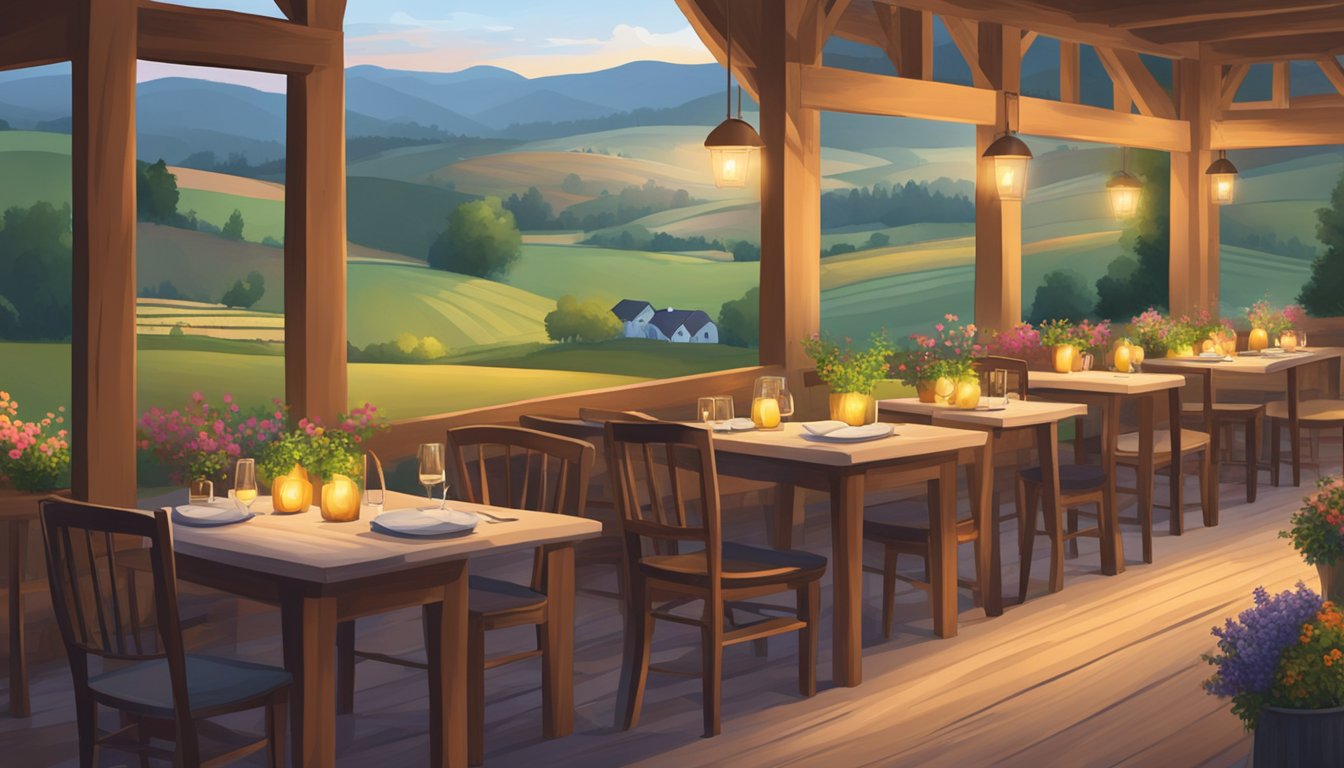 A cozy, candlelit farm-to-table restaurant with rustic wooden tables, fresh flowers, and a view of rolling hills and fields