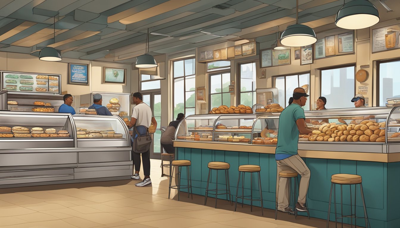 A bustling bagel shop in Dallas, with a display of various bagel flavors and customers enjoying their freshly baked treats