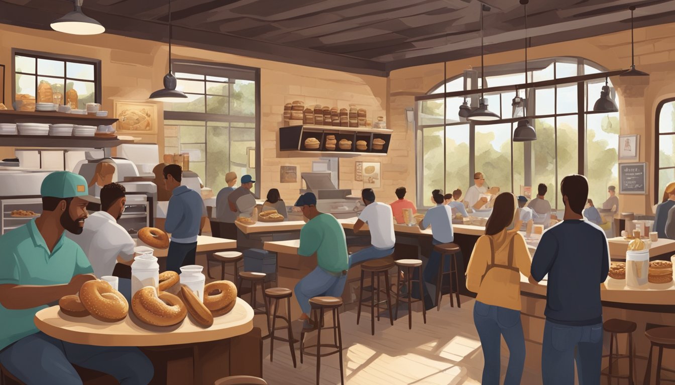 A bustling bagel shop with a rustic Texas charm, surrounded by coffee and bagel enthusiasts enjoying their morning treats