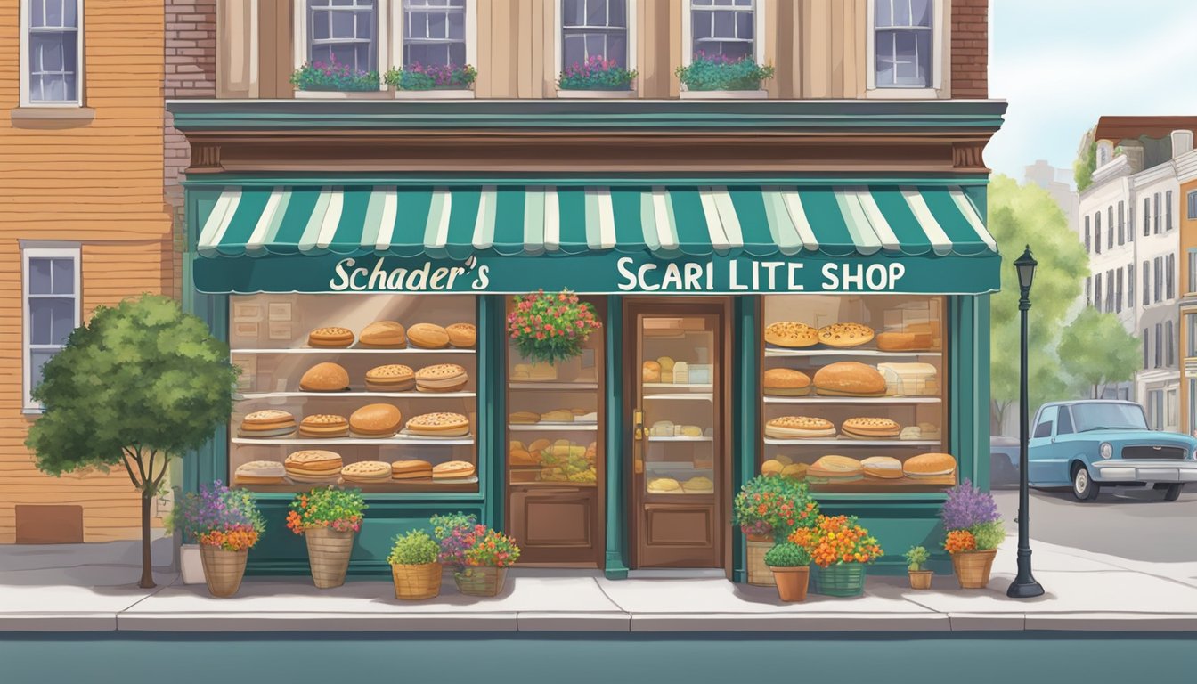 A quaint storefront with a colorful awning and a sign reading "Schrader's Little Shop." Surrounding it are four other bagel shops, each with their own unique charm