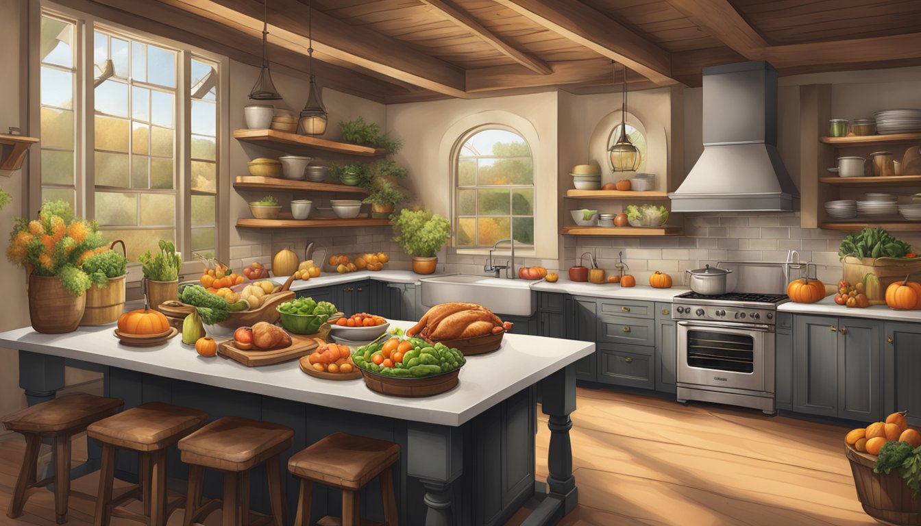 A rustic kitchen with fresh produce and a warm, inviting atmosphere, showcasing a variety of healthy Thanksgiving dinner options available for pre-order