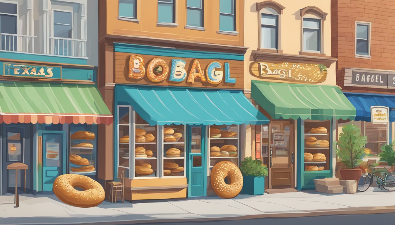 A bustling city street lined with colorful storefronts, each adorned with oversized bagel-shaped signs, showcasing the five noteworthy Texas bagel shops