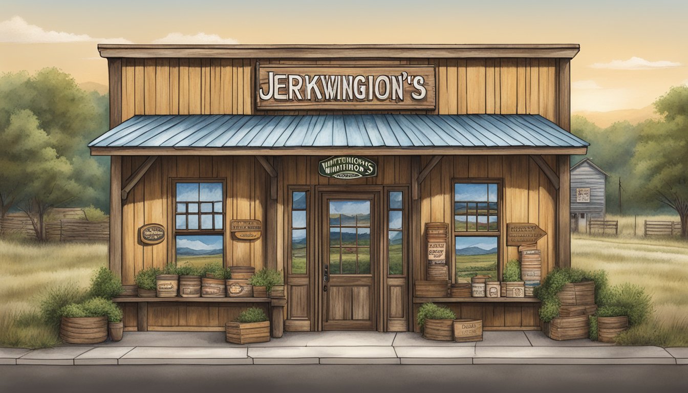 A rustic storefront with a large sign reading "Whittington's Jerky - Johnson City" surrounded by Texas landscape