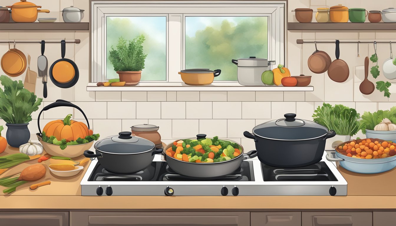 A cozy kitchen with steaming pots and pans, filled with colorful and nutritious ingredients, ready to be prepped into healthy Thanksgiving meals