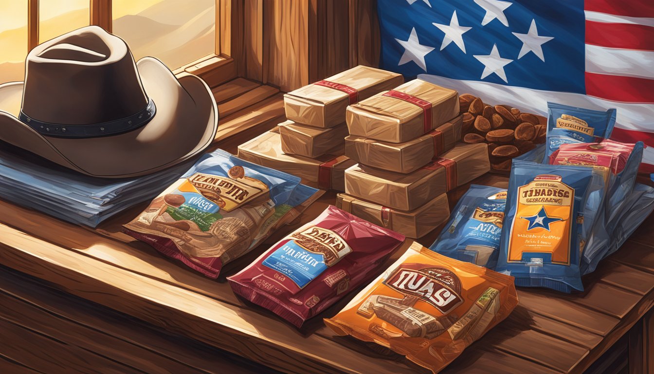 A rustic wooden table holds an array of beef jerky packages, surrounded by cowboy hats and a Texas flag. Sunlight streams through the window onto the mouthwatering display