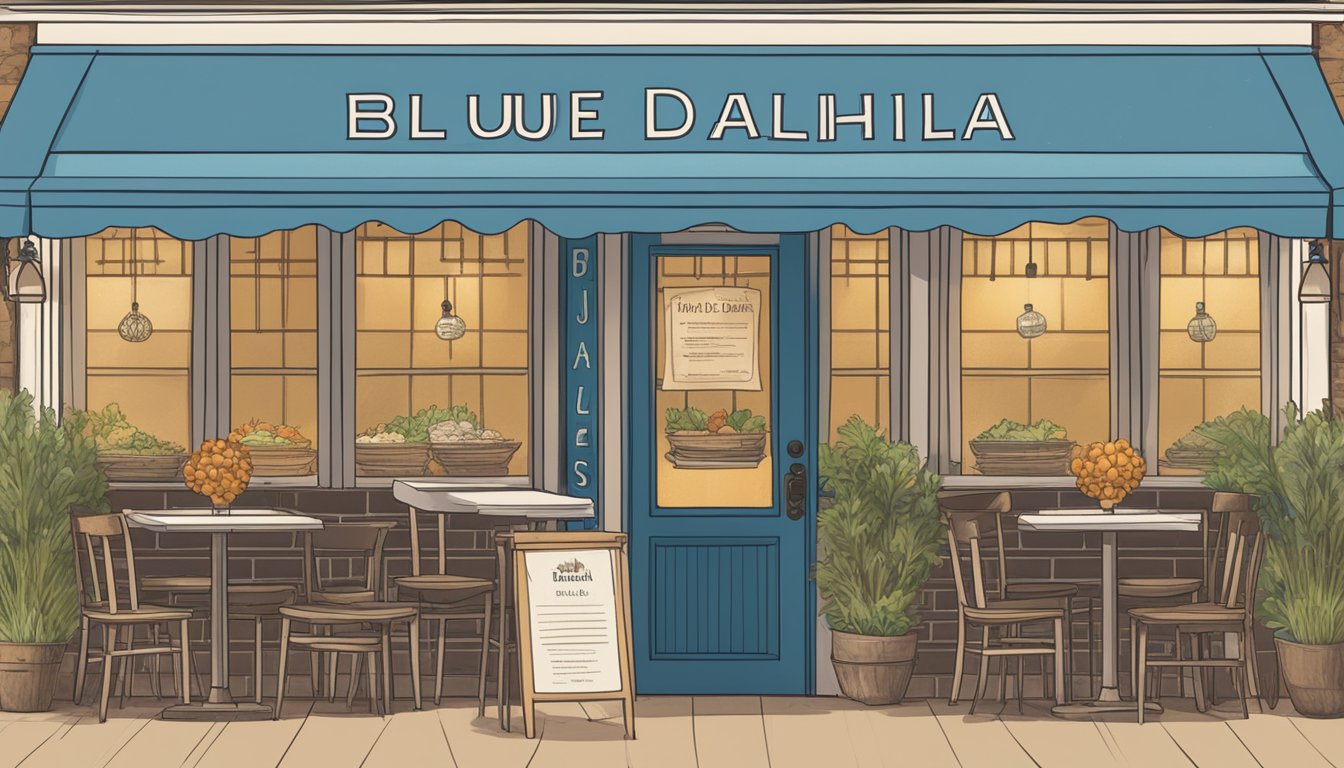 A cozy bistro with a sign for "Blue Dahlia" and a menu board advertising pre-ordered healthy Thanksgiving dinners in Austin