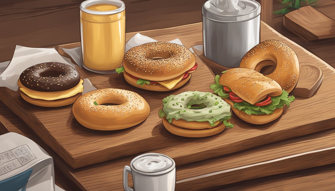 A selection of bagels and various toppings displayed on a wooden board in a cozy Texas bagel shop