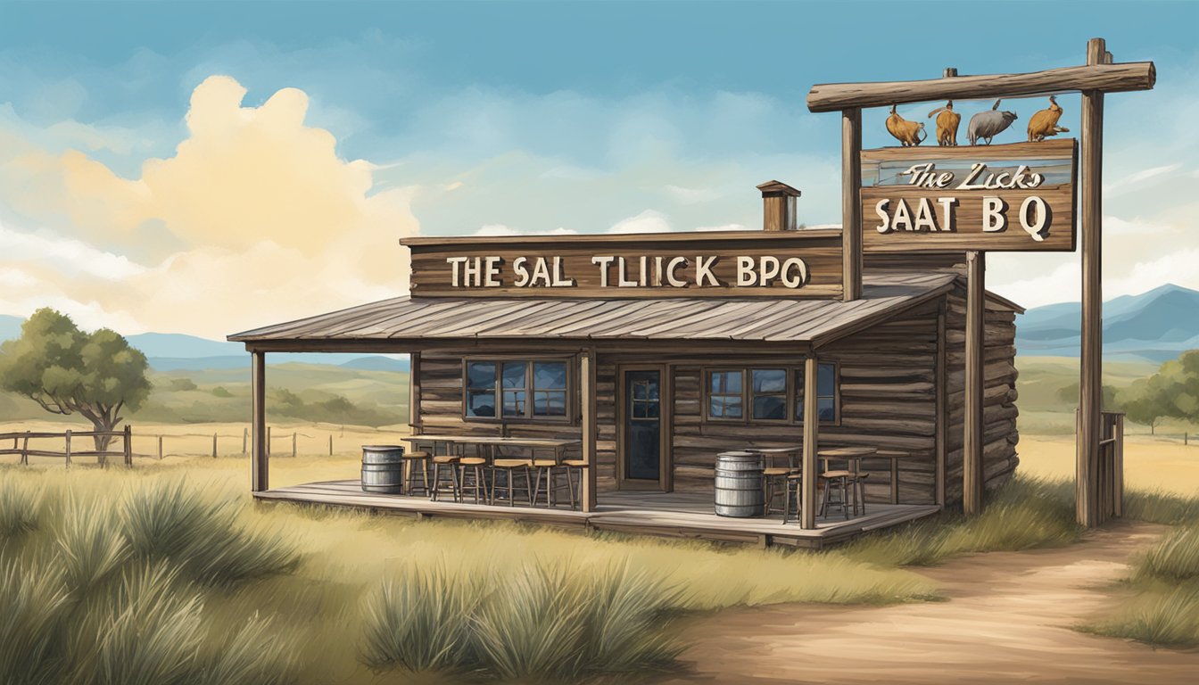 A rustic Texas BBQ joint with a sign advertising "The Salt Lick BBQ - Driftwood" surrounded by rolling hills and a clear blue sky