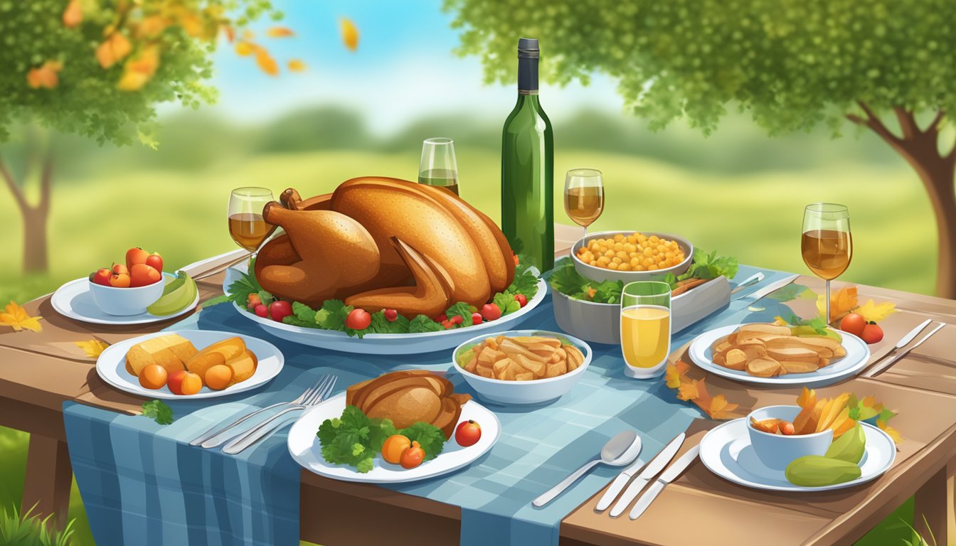 A cozy outdoor picnic scene with a table set for a healthy Thanksgiving dinner, surrounded by lush greenery and a clear blue sky