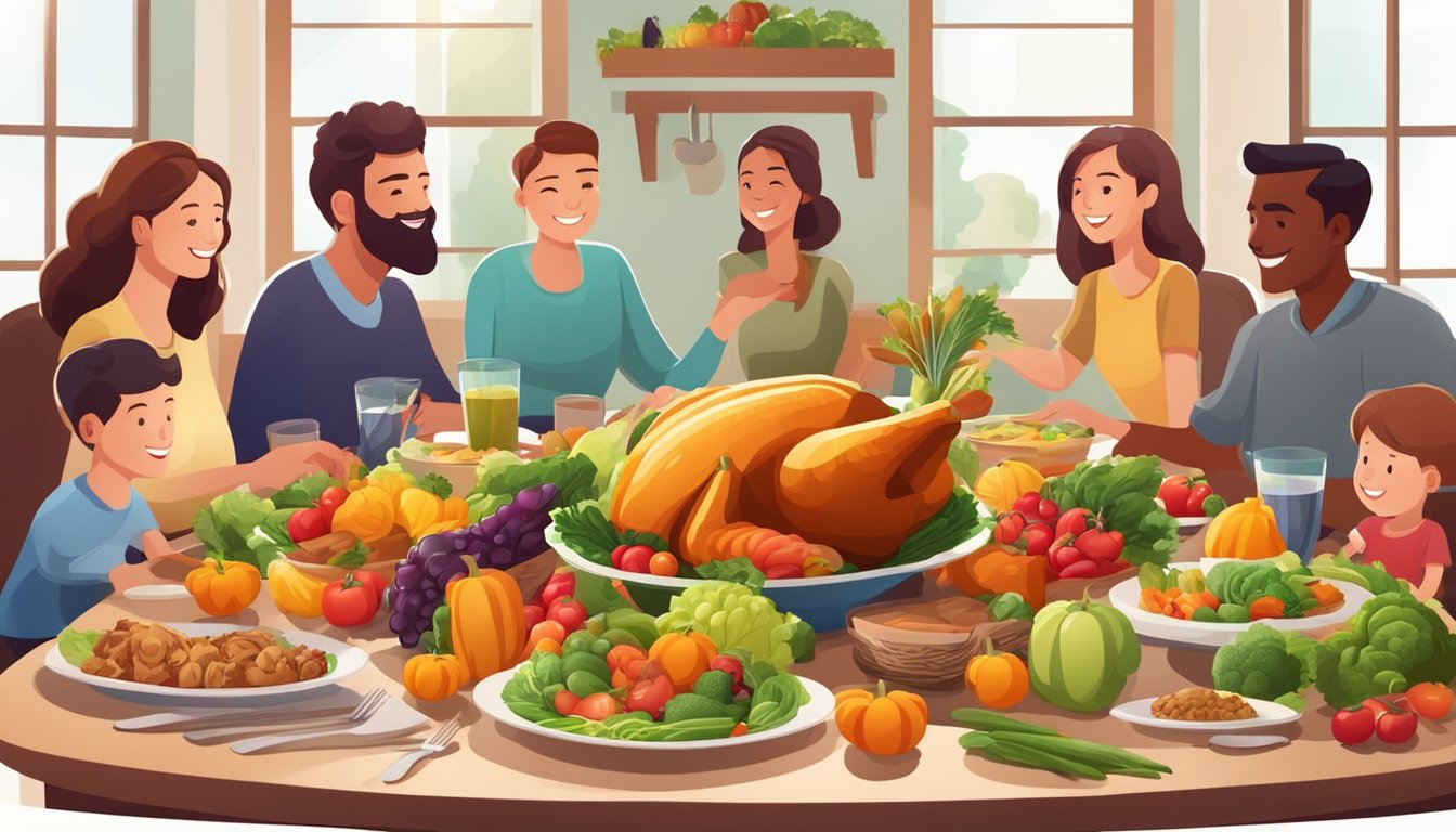 A table filled with colorful, fresh vegetables and fruits, surrounded by happy families enjoying a delicious and healthy Thanksgiving dinner