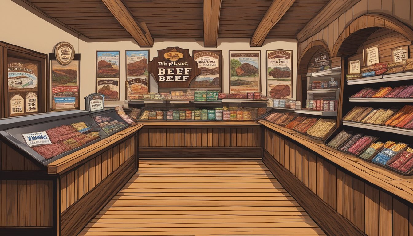 A rustic wooden counter displays various types of beef jerky, surrounded by Texas-themed decor. A sign above reads "History of Texas Beef Jerky: The 6 Best Places in Texas for Beef Jerky Fiends."