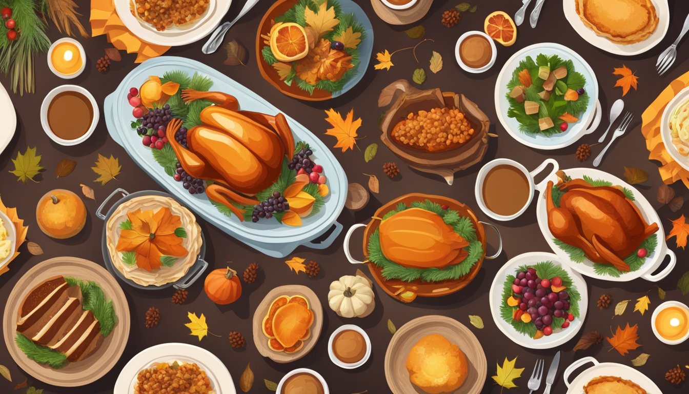 A festive table set with a variety of colorful and nutritious Thanksgiving dishes, surrounded by autumn decorations and warm candlelight