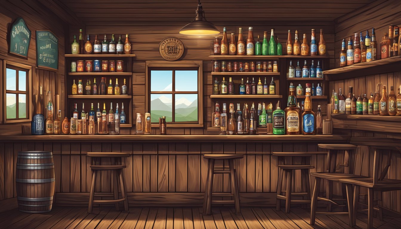 A rustic Texan saloon with shelves of beef jerky and a variety of beverages, including beer, whiskey, and soda