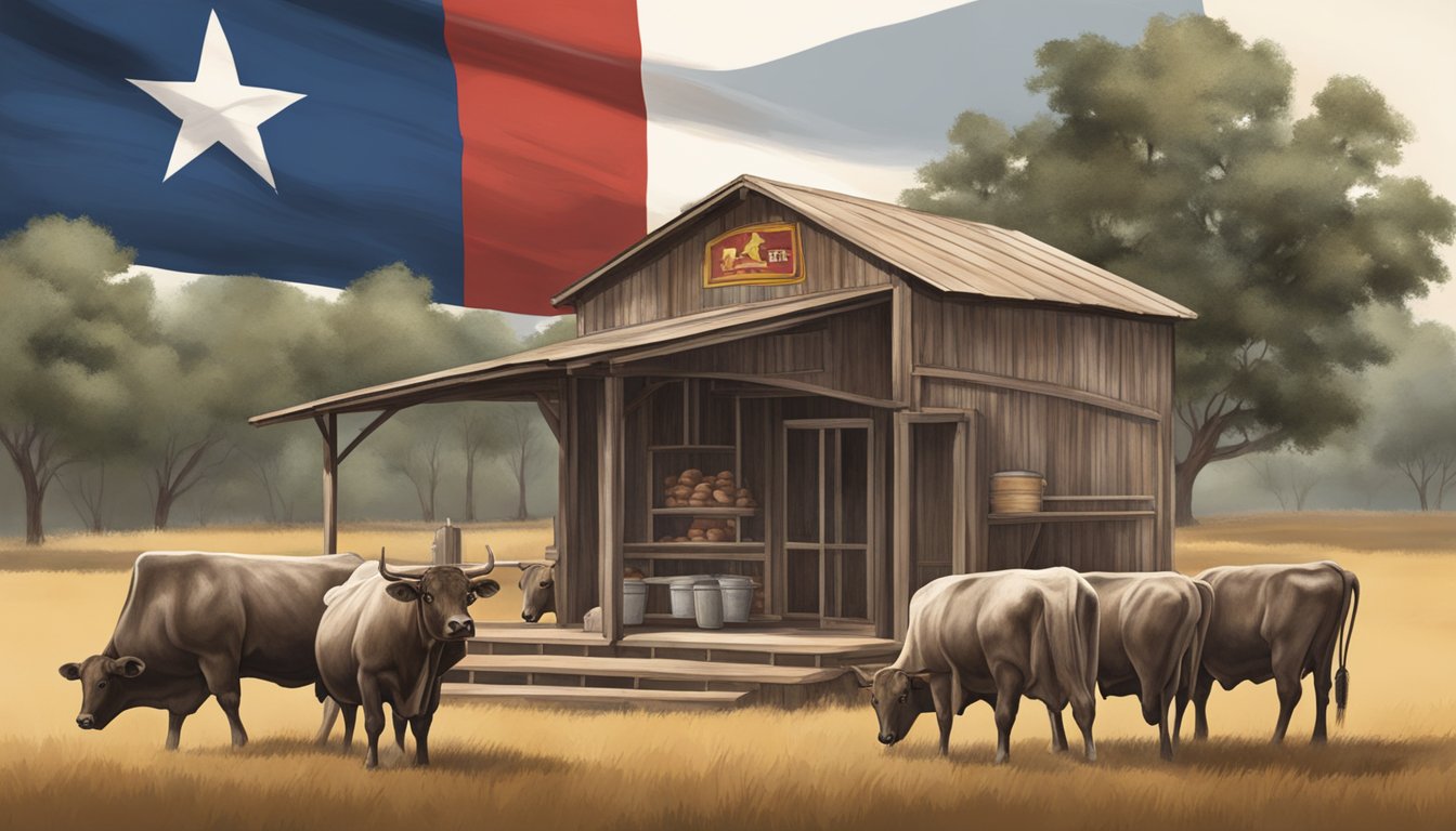 A rustic Texas Beef House with a display of farm fresh offals under the lone star state flag