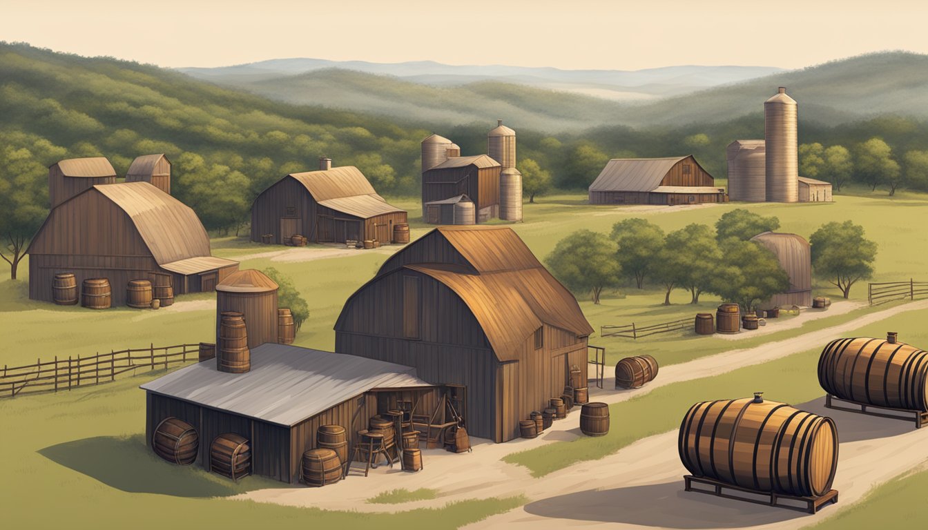 Six Texas whiskey distilleries surrounded by rolling hills and oak trees, with copper stills and barrels lining the rustic buildings