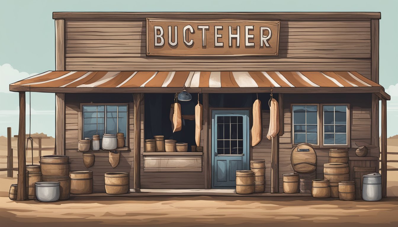 A rustic butcher shop with hanging offals and a lone star state backdrop