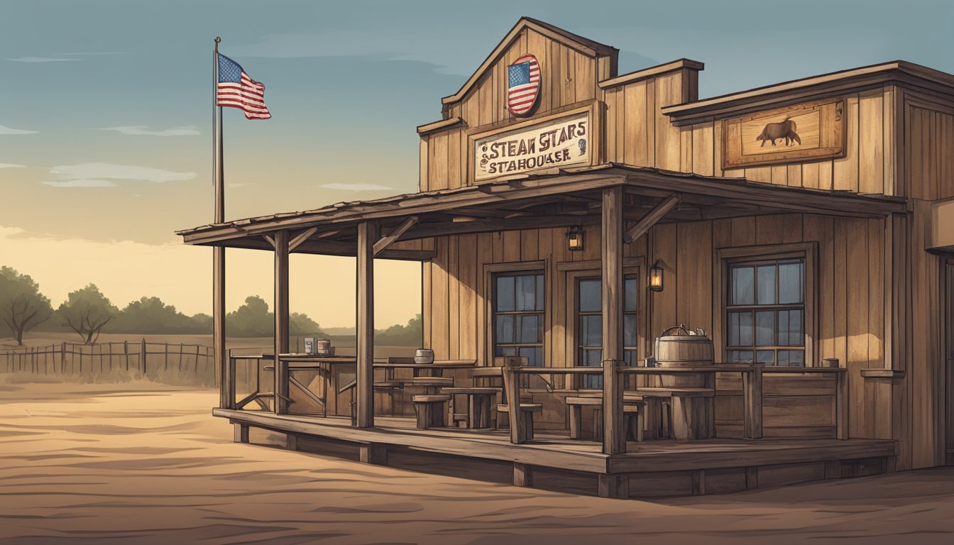 A rustic Texas steakhouse with hanging offals and a lone star flag