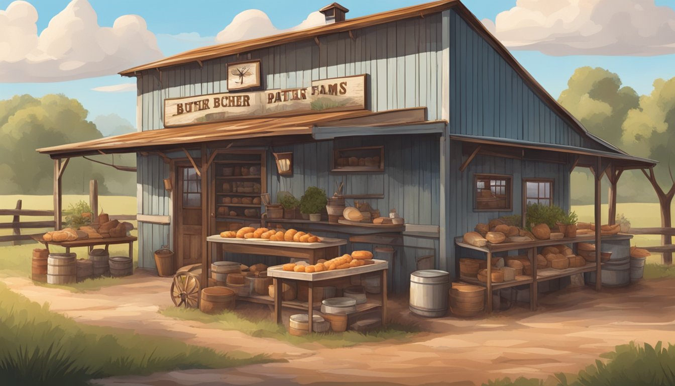 A rustic butcher shop with hanging offals and Texas farm scenery