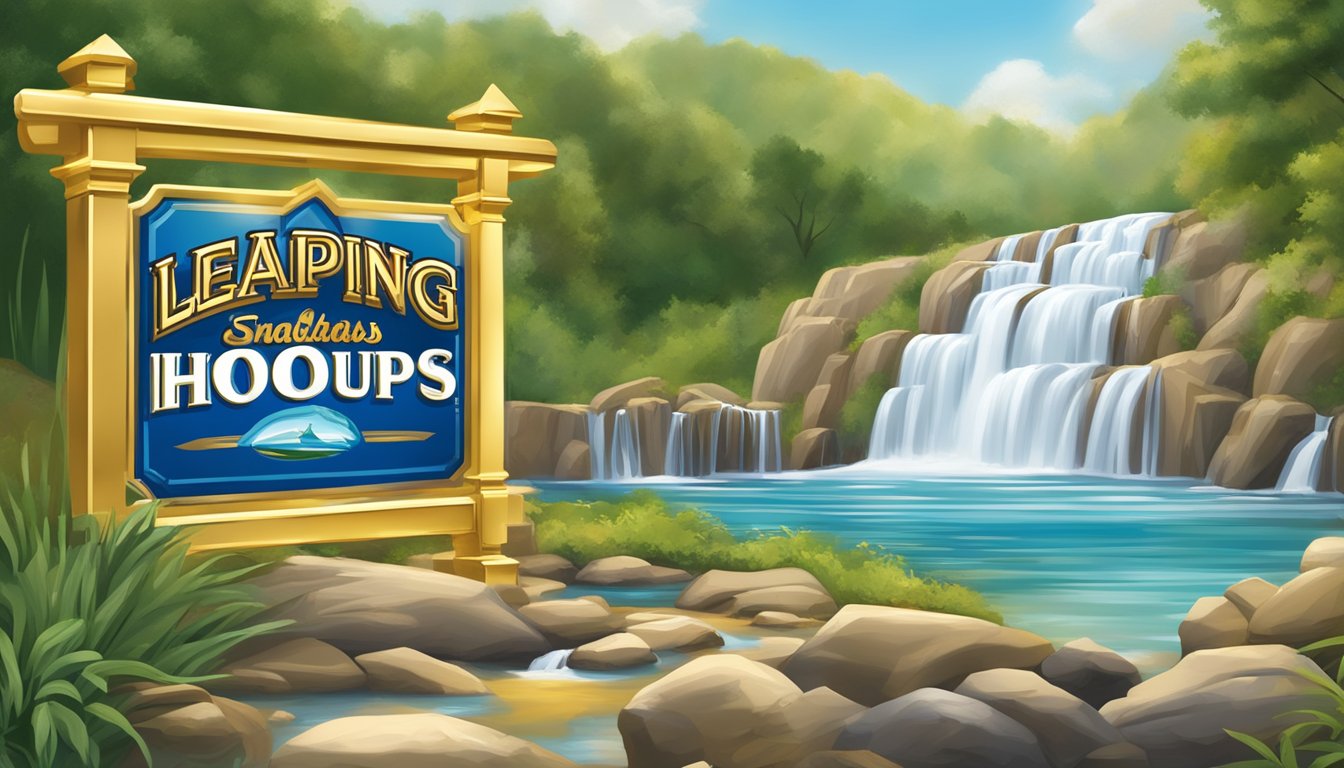 A majestic waterfall cascading over a solid gold sign advertising "Leaping Waters Texas Hookups" for organic and high-quality pet food