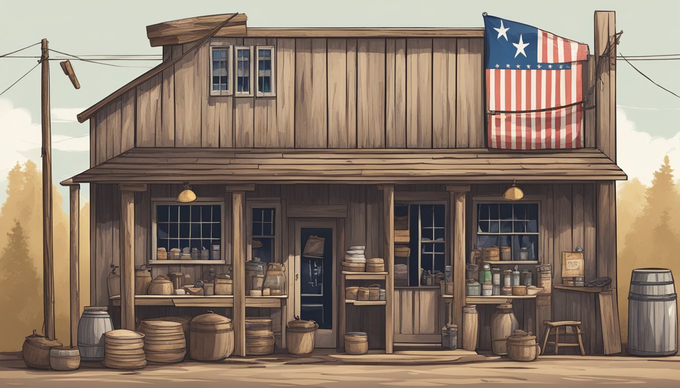 A rustic butcher shop with hanging offals and a lone star flag