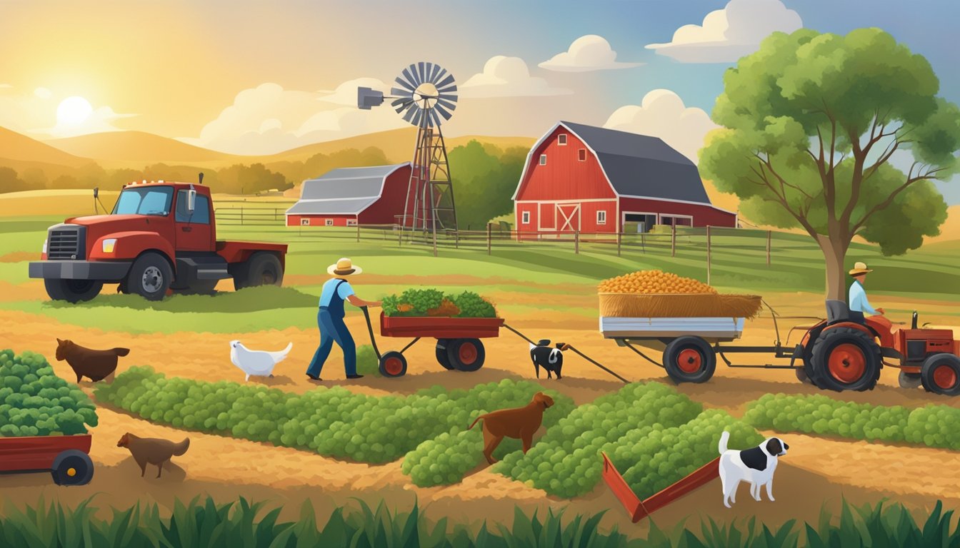 A bustling Texas farm with organic ingredients being harvested for high-quality pet food