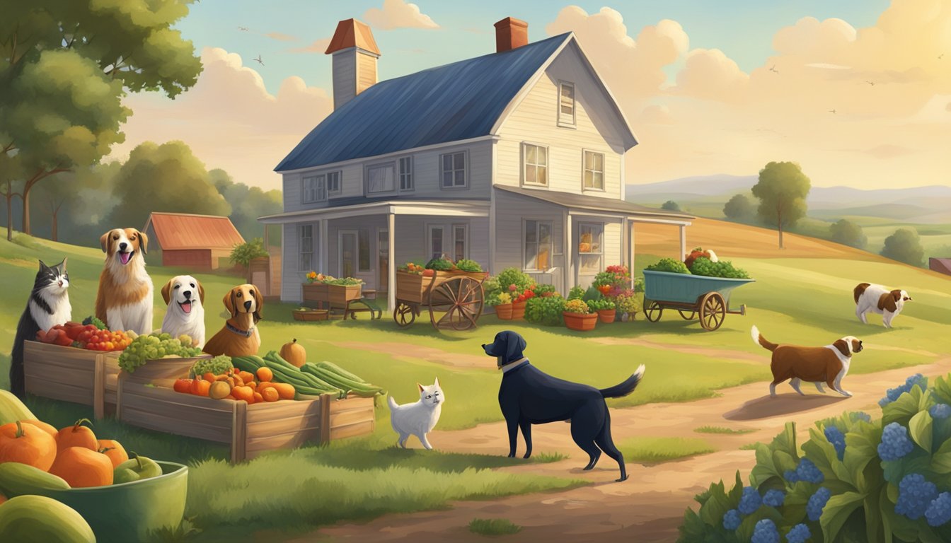 A serene countryside scene with a Texas farmhouse surrounded by fields of organic produce, and a variety of happy and healthy pets enjoying their high-quality food