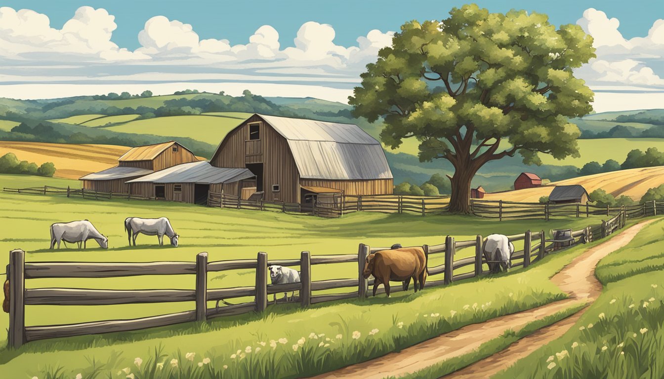 A picturesque farm scene with rolling hills, grazing animals, and a rustic barn with a sign reading "Lone Star Heirloom Farms - Texas Hookups for Organic and High Quality Pet Food."