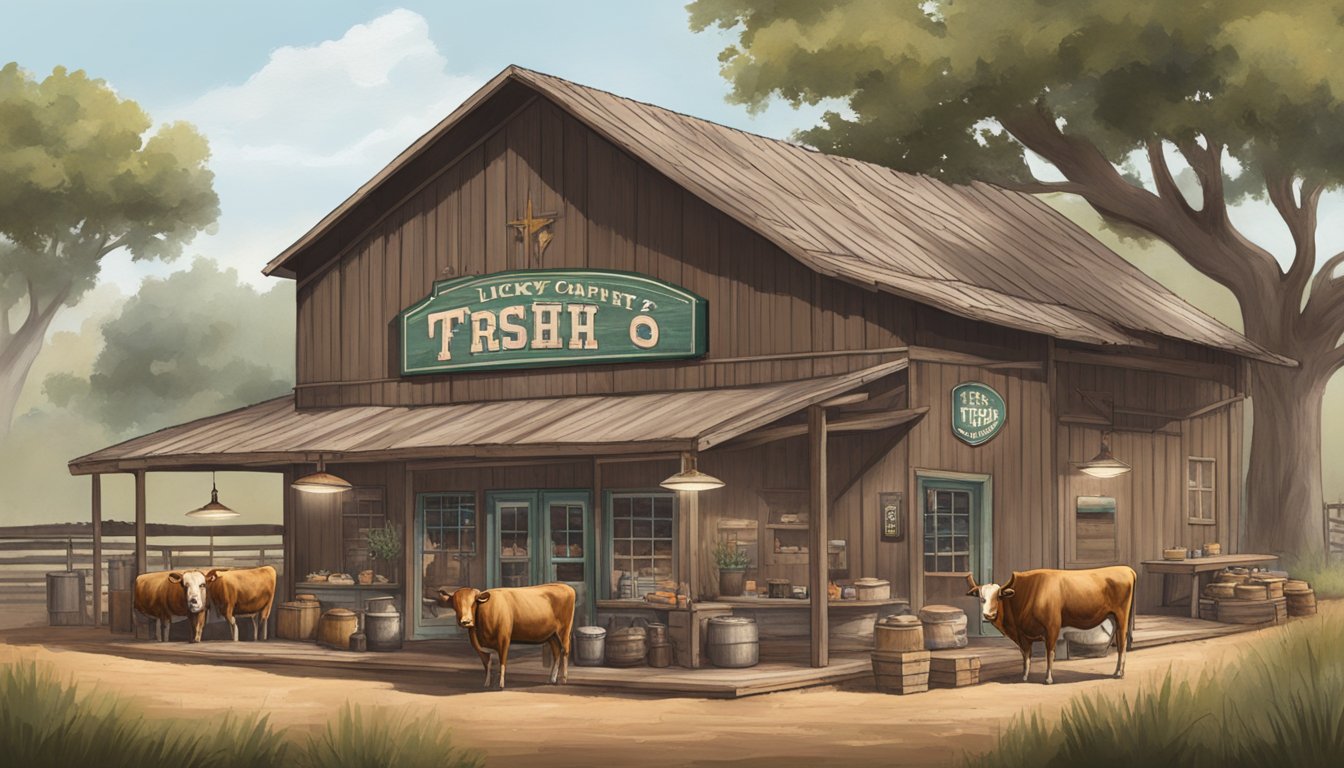 A rustic butcher shop nestled in the Texas countryside. Fresh offals displayed on wooden tables, with the Lucky 7 Cattle Co. logo prominently displayed