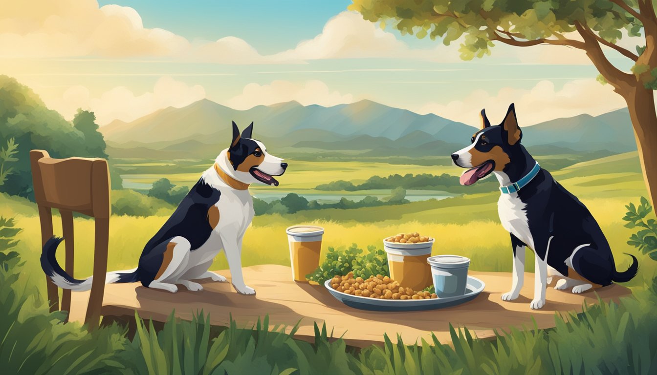 Two dogs enjoying a meal of Castor & Pollux ORGANIX pet food in a Texas landscape with organic elements