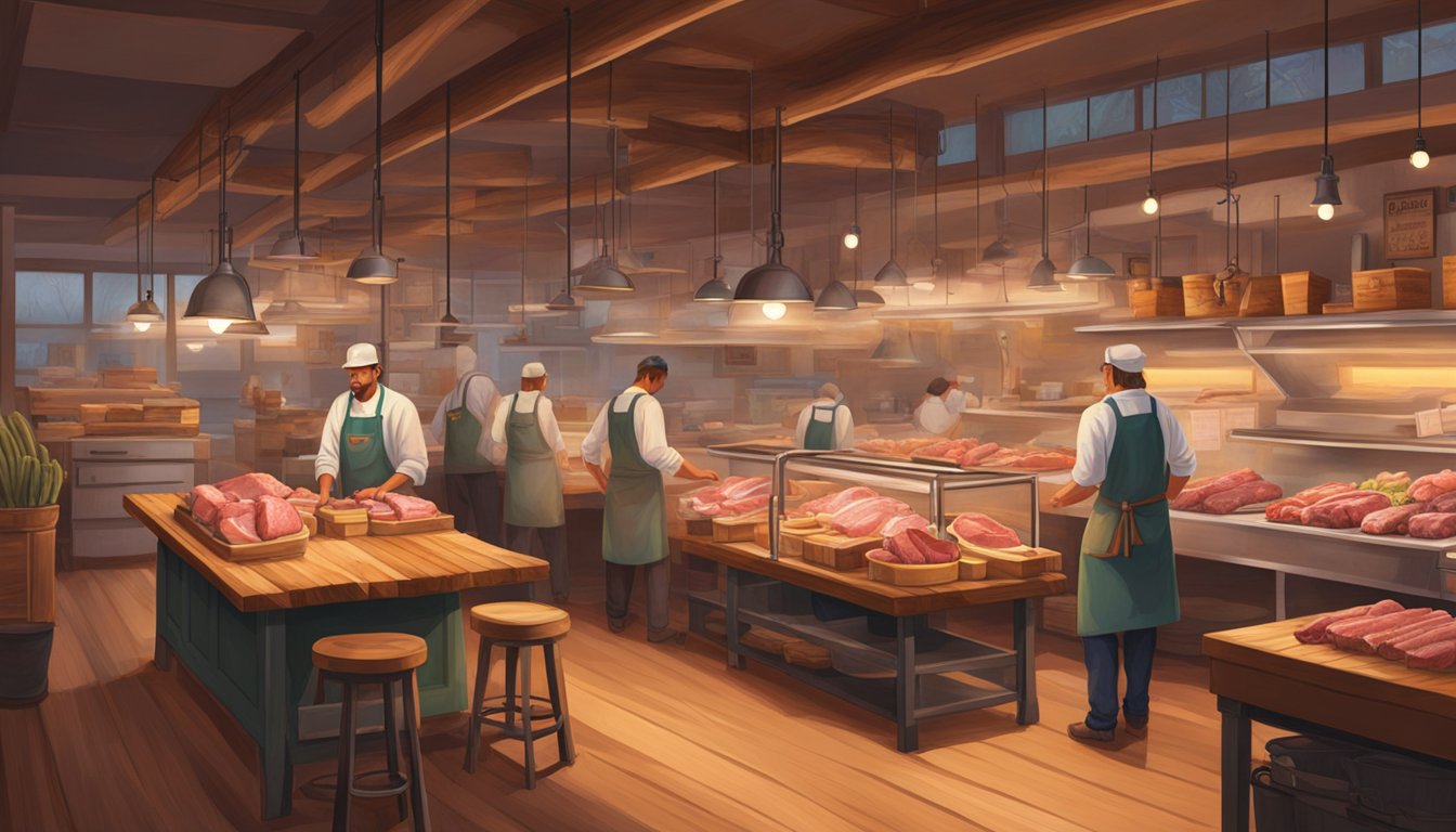 A bustling butcher shop in Texas displays a variety of farm fresh offals on wooden butcher blocks. Customers browse the selection under the warm glow of hanging light fixtures