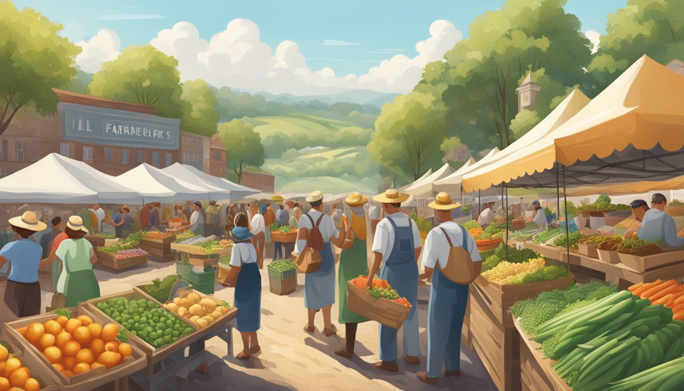 Lush fields of crops and grazing livestock surround a bustling farmers' market, with vendors proudly displaying fresh produce and artisanal goods