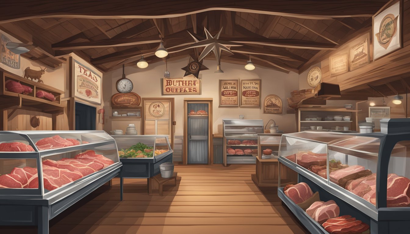 A rustic butcher shop with a Texas lone star sign, showcasing farm-fresh offals and quality meat cuts on display