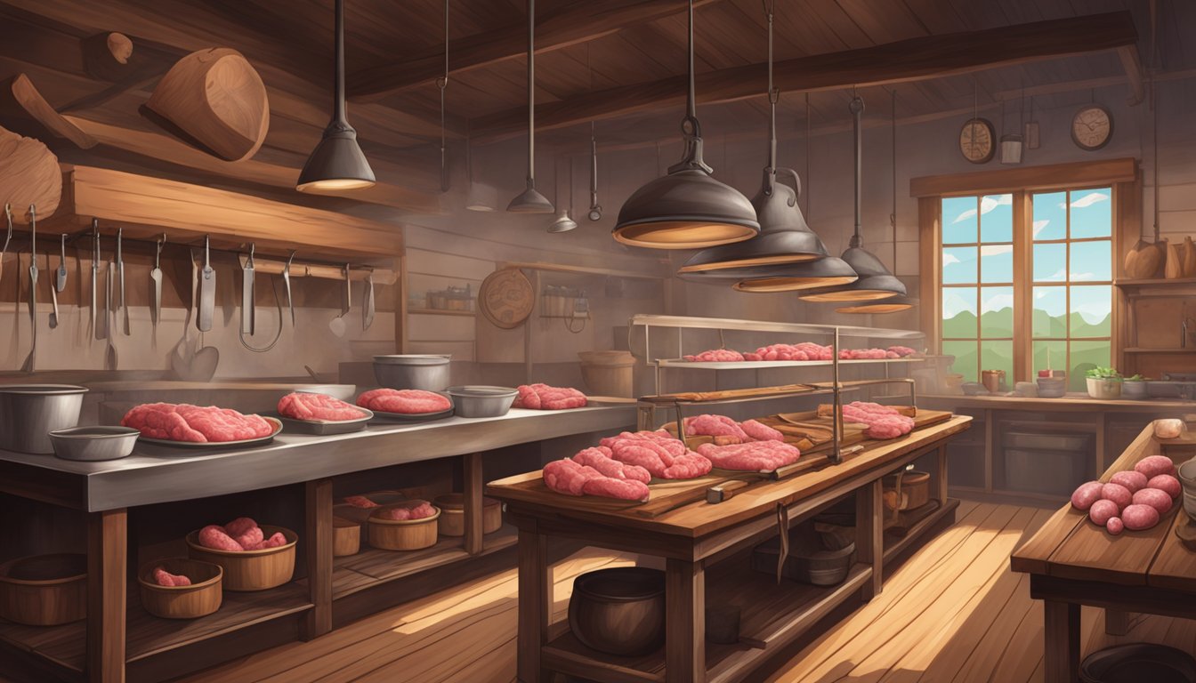 A rustic butcher shop in Texas, with farm-fresh offal displayed on wooden tables, surrounded by hanging cleavers and cooking utensils