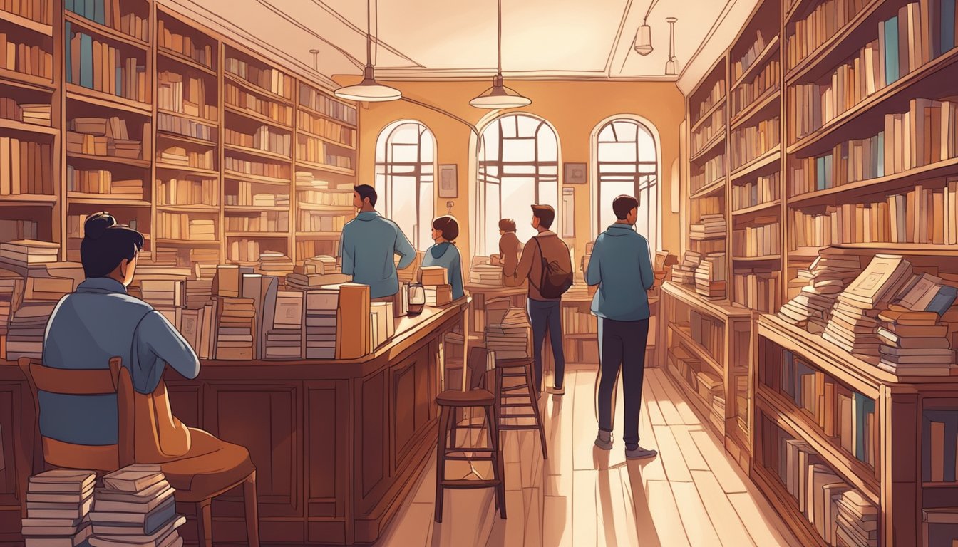 Customers browsing shelves in cozy bookstore cafe with warm lighting and comfortable seating, surrounded by stacks of books and the aroma of freshly brewed coffee