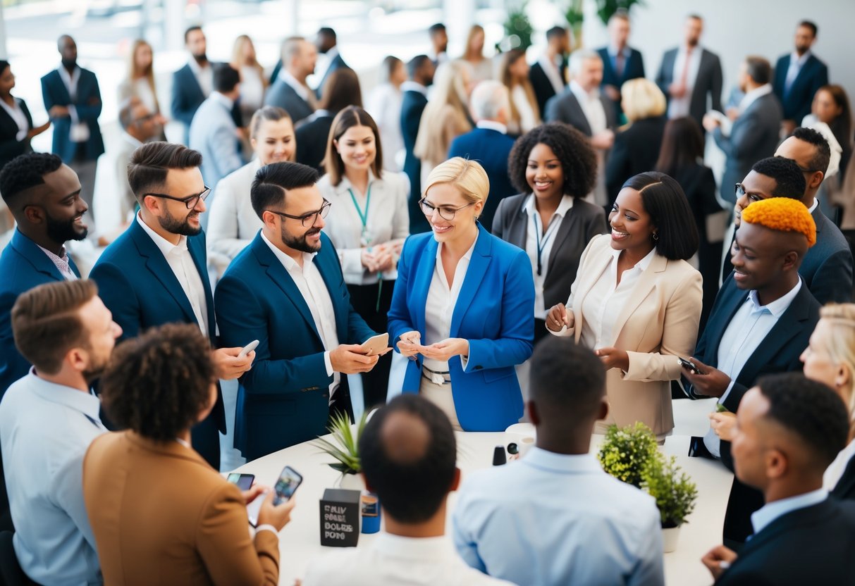 Un groupe de propriétaires de petites entreprises interagit avec un public divers lors d'un événement public, présentant leurs produits et services à des clients potentiels.