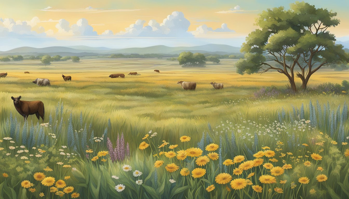 A wide open prairie landscape with native Texas flora and fauna, showcasing the natural ingredients used in Nature's Logic Prairie Feast pet food