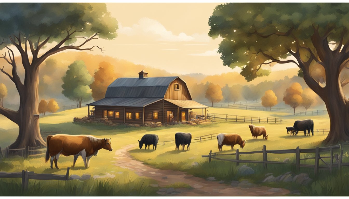 A rustic farm with rolling hills, grazing animals, and cozy cabins nestled among towering oak trees